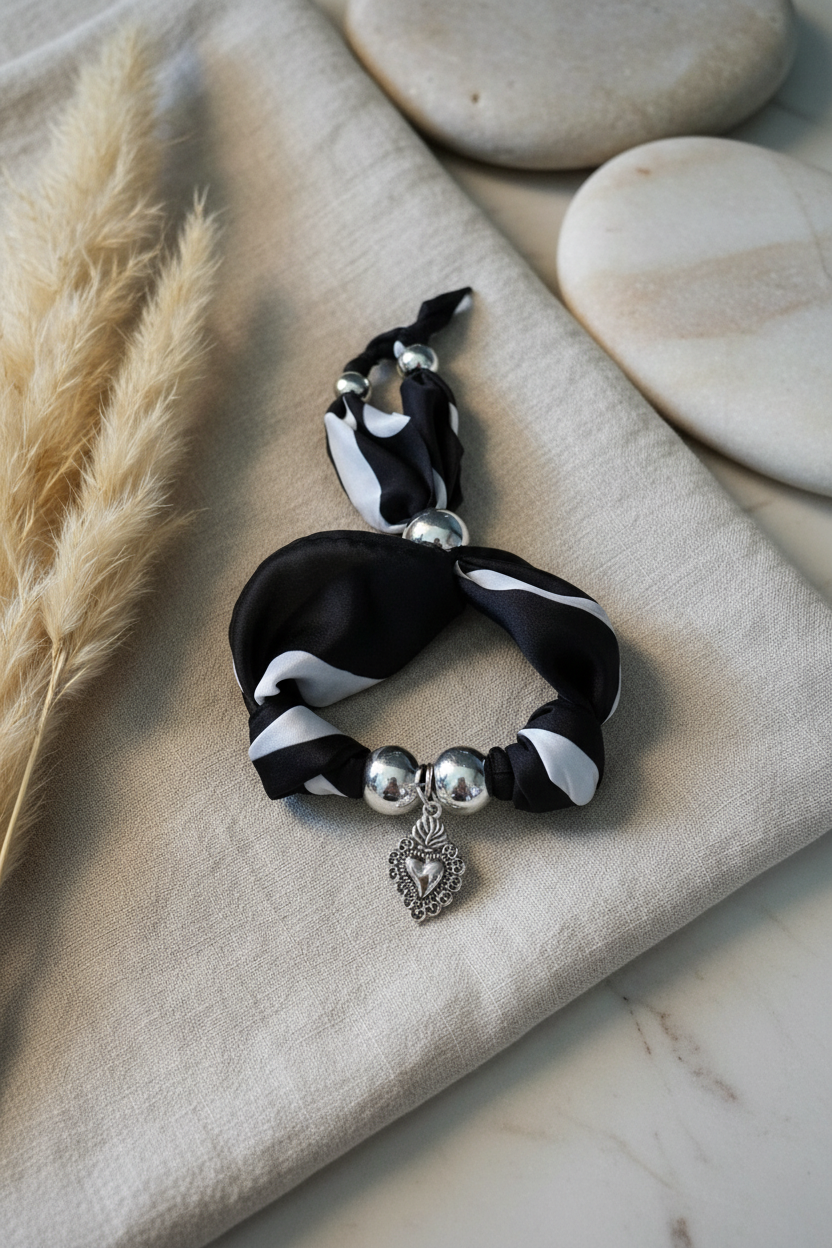 Gros plan sur un bracelet Joyas by Jo orné d'un pendentif coeur ex-voto argenté et de perles chromées.