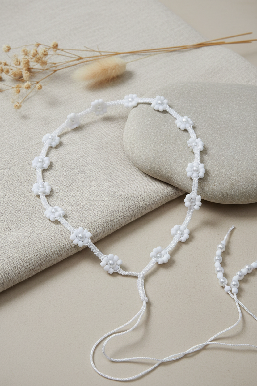 Headband "Daisy Garden" composé d'une délicate succession de fleurs blanches nacrées, posé sur un support minéral pour mettre en valeur sa finesse et son éclat. Joyas by jo