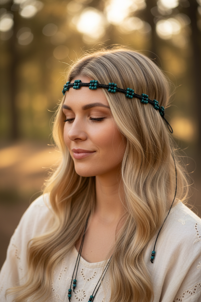 Headband perles LARA porté vue de face - Joyas by Jo
