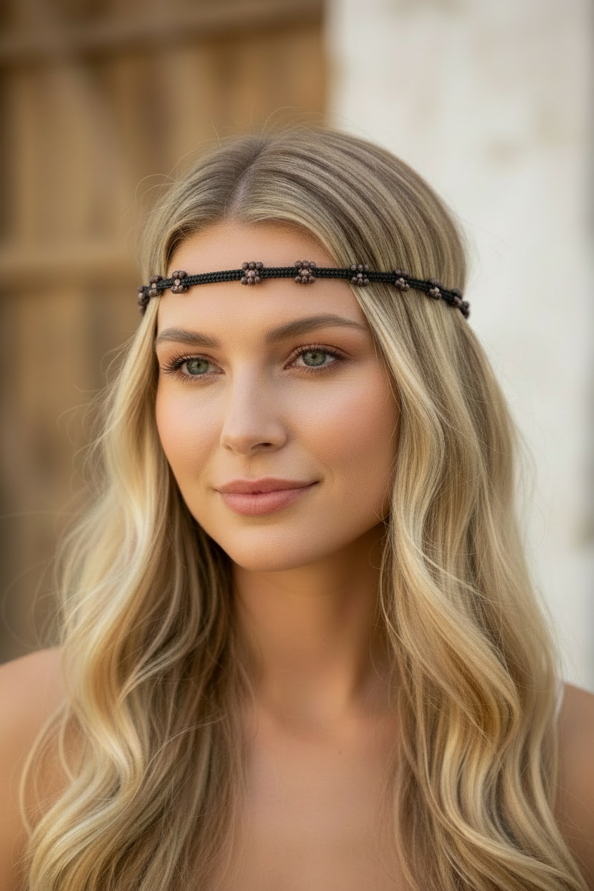 Headband perles Vitoria porté vue de face - Joyas by Jo