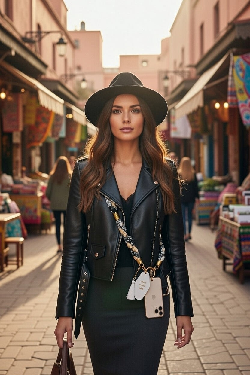 Mannequin avec chapeau et veste en cuir arborant une lanière de téléphone Joyas by Jo tressée à la main en extérieur.