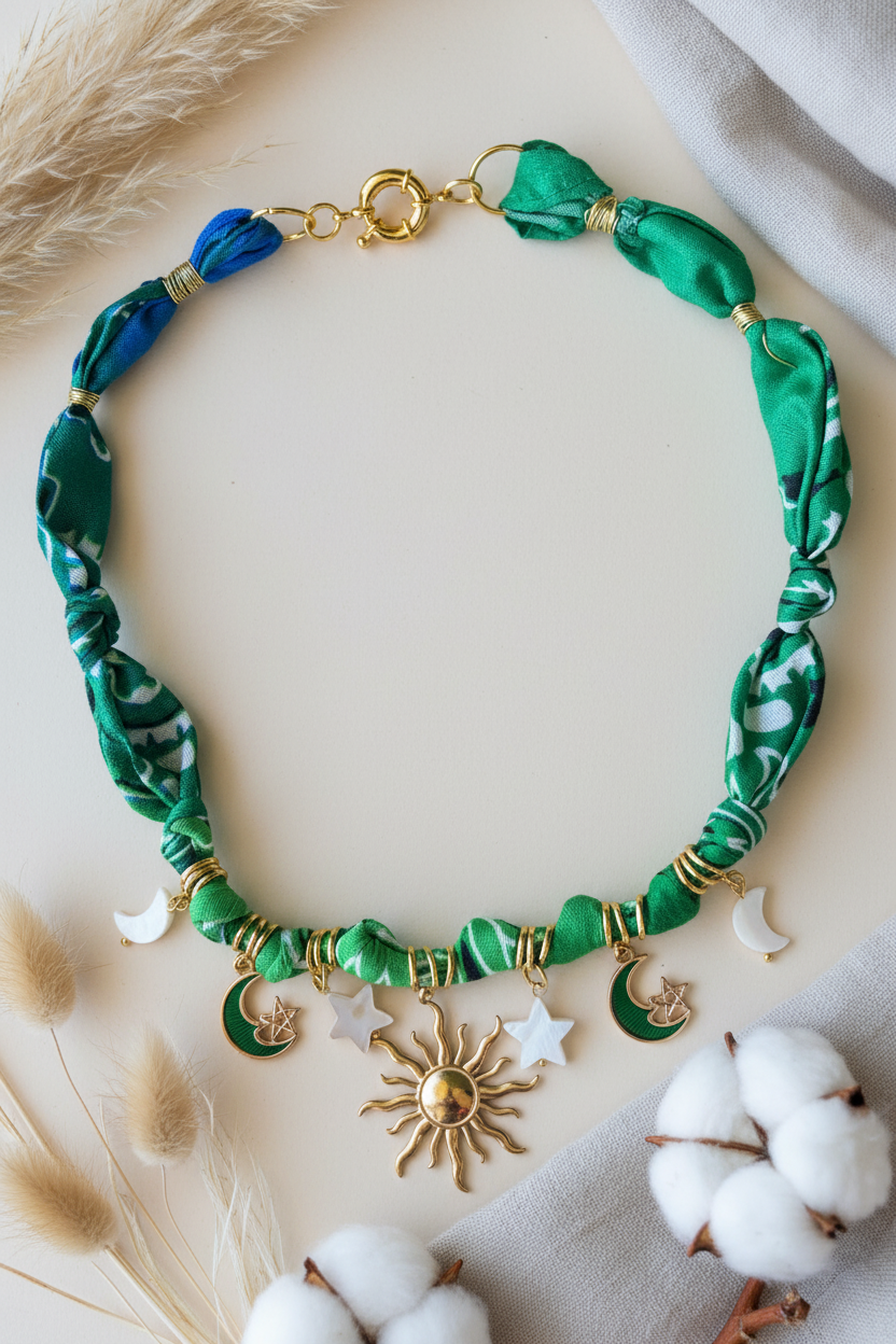 Vue à plat du collier Joyas by Jo montrant le travail du tissu vert et bleu, le fermoir doré circulaire et la disposition symétrique des breloques soleil, lune et étoile.