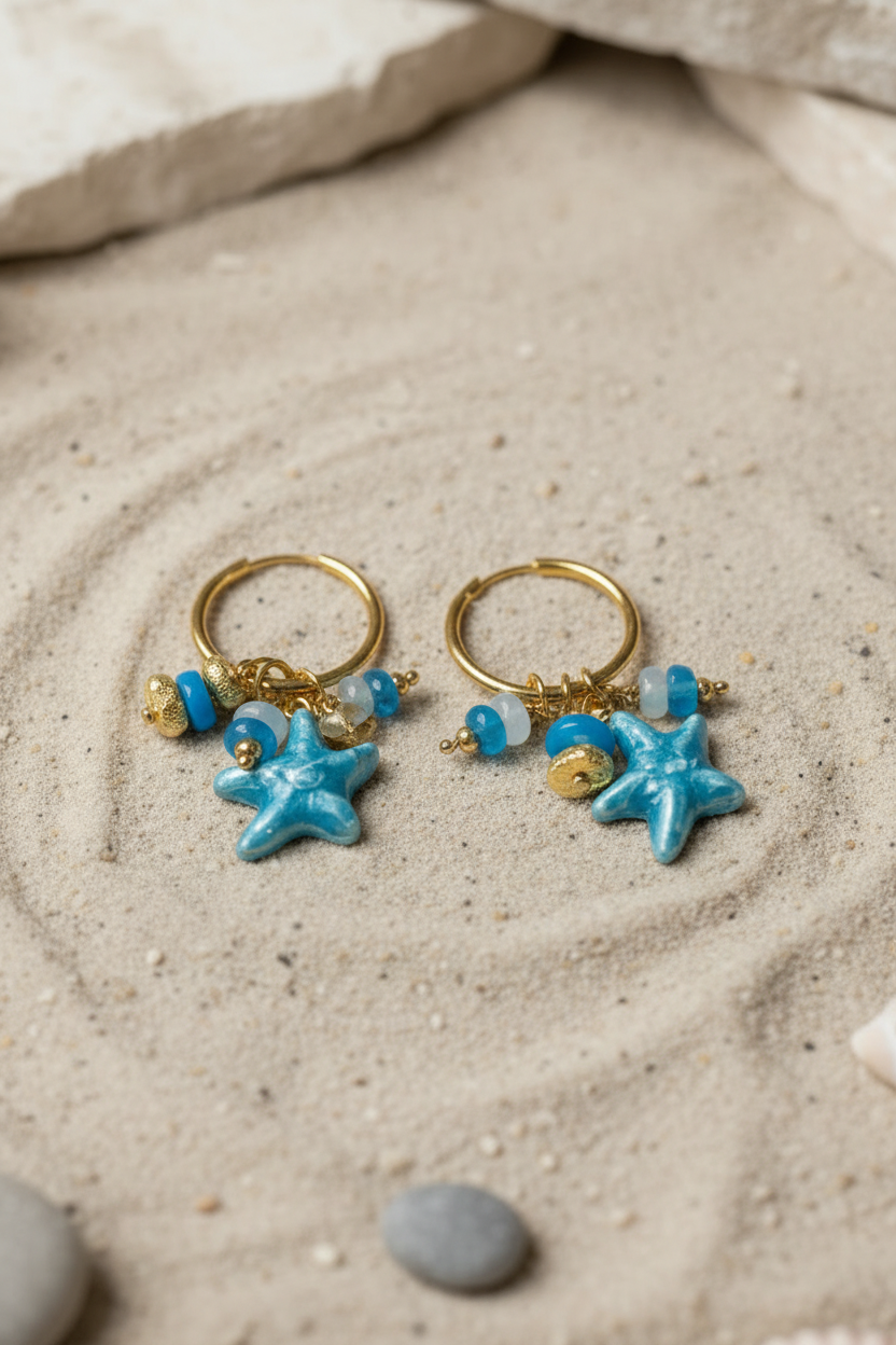 Paire de boucles d'oreilles créoles dorées Joyas by Jo avec pendentifs étoile de mer turquoise et perles bleues sur un fond de sable fin.