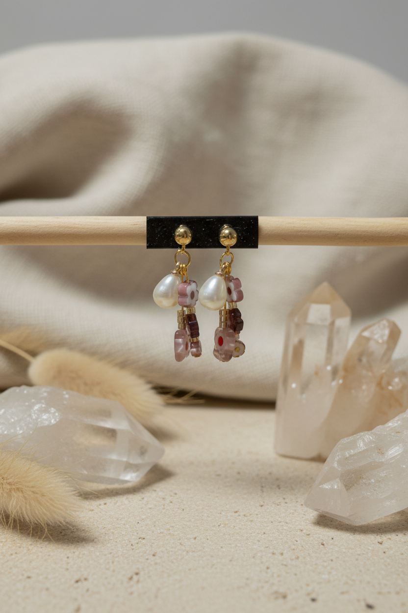 Paire de boucles d'oreilles pendantes Joyas by Jo avec perles d'eau douce baroques et fleurs en verre rose, présentées sur un support en bois entouré de cristaux de quartz et d'herbe de la pampa.
