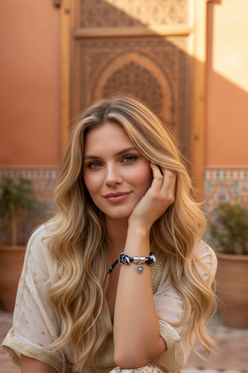 Portrait d'une femme blonde portant un bracelet en tissu noir et blanc avec breloque coeur Joyas by Jo.