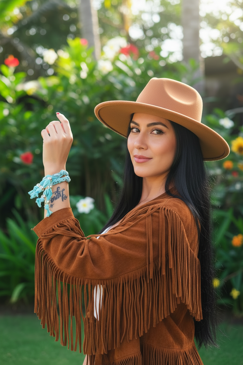 Gros plan de profil d'une femme tenant une tasse, portant l'accumulation de bracelets Joyas by Jo avec perles "œil protecteur" et une veste à franges en daim.
