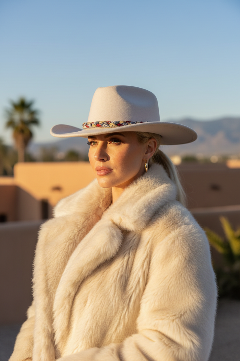 Look d'hiver élégant avec le chapeau en feutre Joyas by Jo et un manteau en fausse fourrure beige au coucher du soleil.