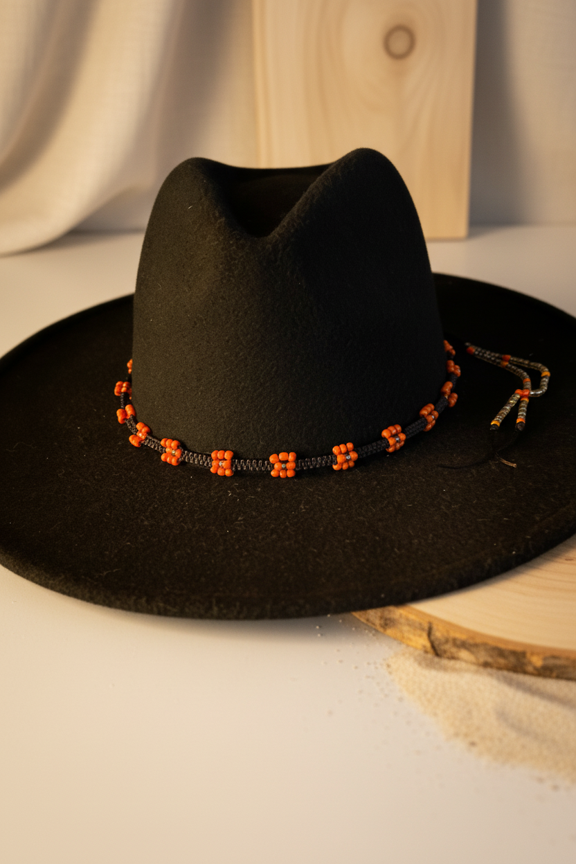 Chapeau Fedora en feutre noir décoré d'un galon fait main en perles orange et noires, posé sur une surface épurée.