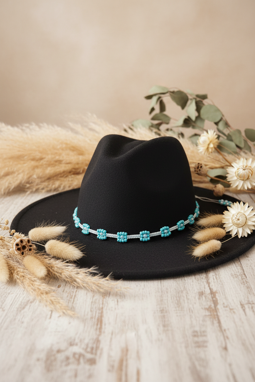 Chapeau fedora noir décoré d'un ruban de perles bleues en fleurs Joyas by Jo sur bois clair