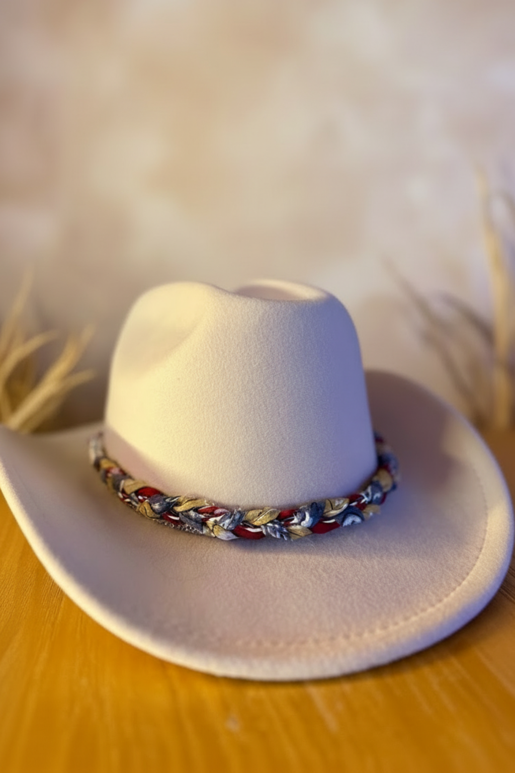 Gros plan du chapeau en feutre beige Joyas by Jo avec son ruban tressé artisanal posé sur un tissu drapé sable.