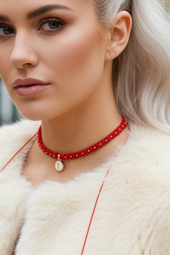 Choker rouge avec perle blanche portée - collier bohème chic Joyas by Jo
