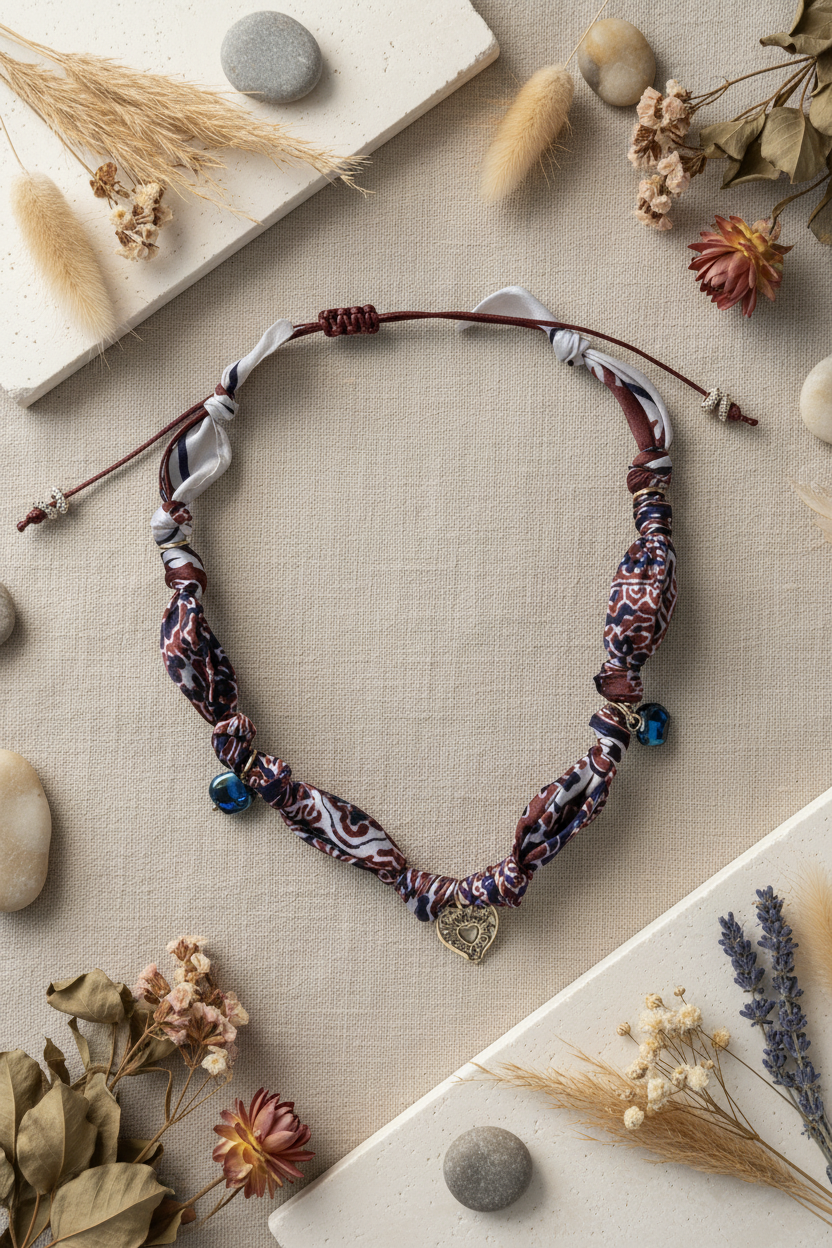 Vue détaillée du collier Joyas by Jo avec cordon ajustable, charms bleus et médaillon coeur doré.