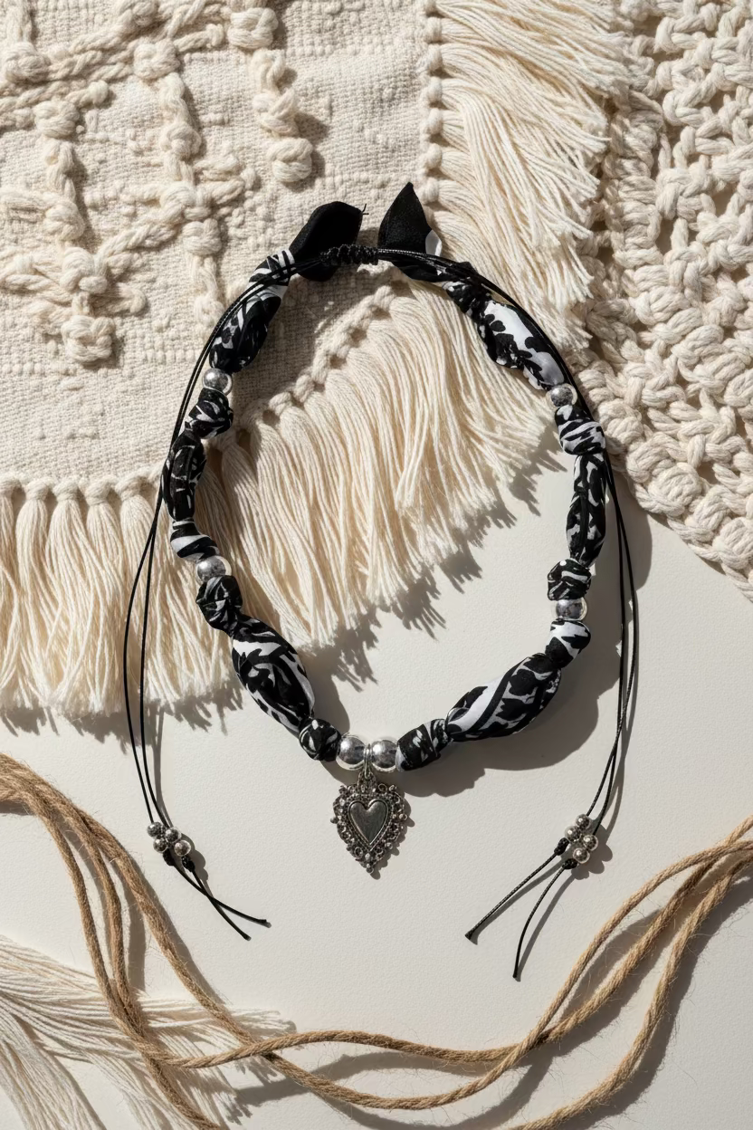 Collier en tissu imprimé et cordon ajustable avec perles argentées posé sur un support en macramé beige.