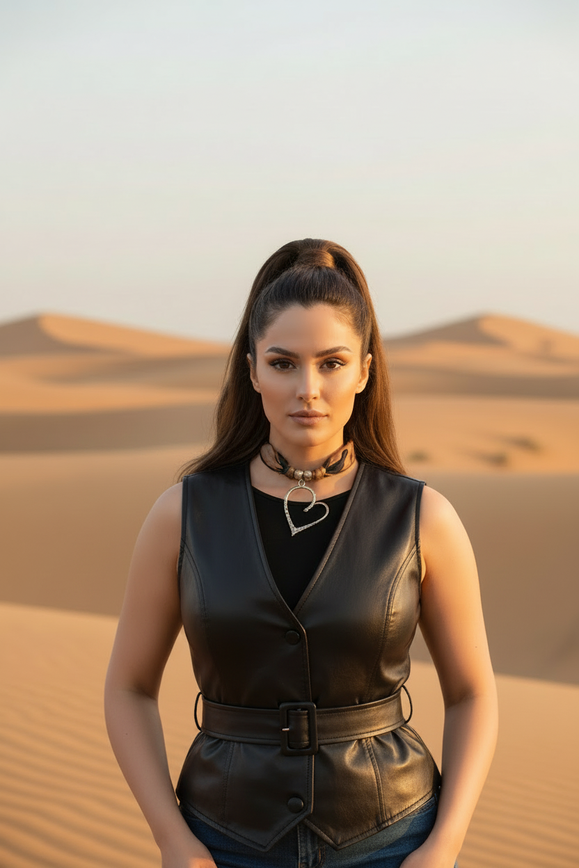 Mannequin dans le desert portant le collier Joyas by Jo avec pendentif coeur et une veste sans manches en cuir noir