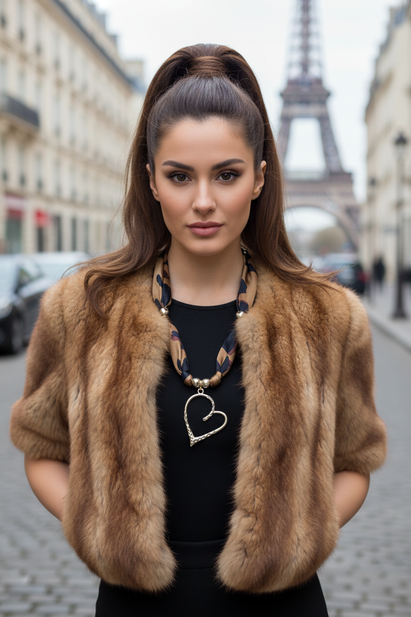 Look urbain chic avec collier Joyas by Jo pendentif coeur et veste en fourrure marron devant la Tour Eiffel