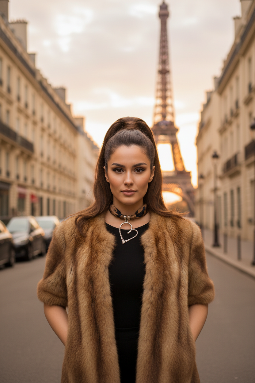 Portrait d une femme avec collier Joyas by Jo pendentif coeur et fourrure marron au coucher du soleil a Paris