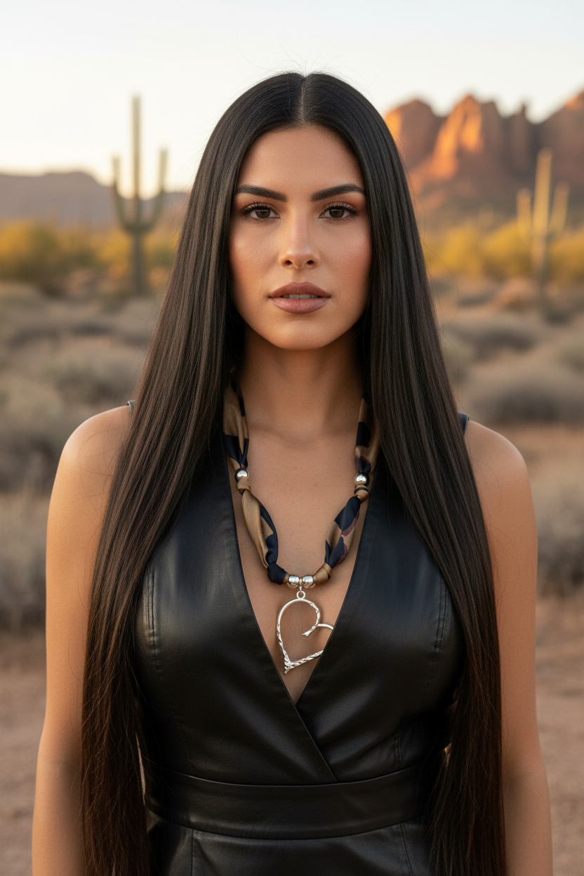 Femme aux cheveux longs portant le collier Joyas by Jo avec pendentif coeur dore dans un paysage de desert et cactus