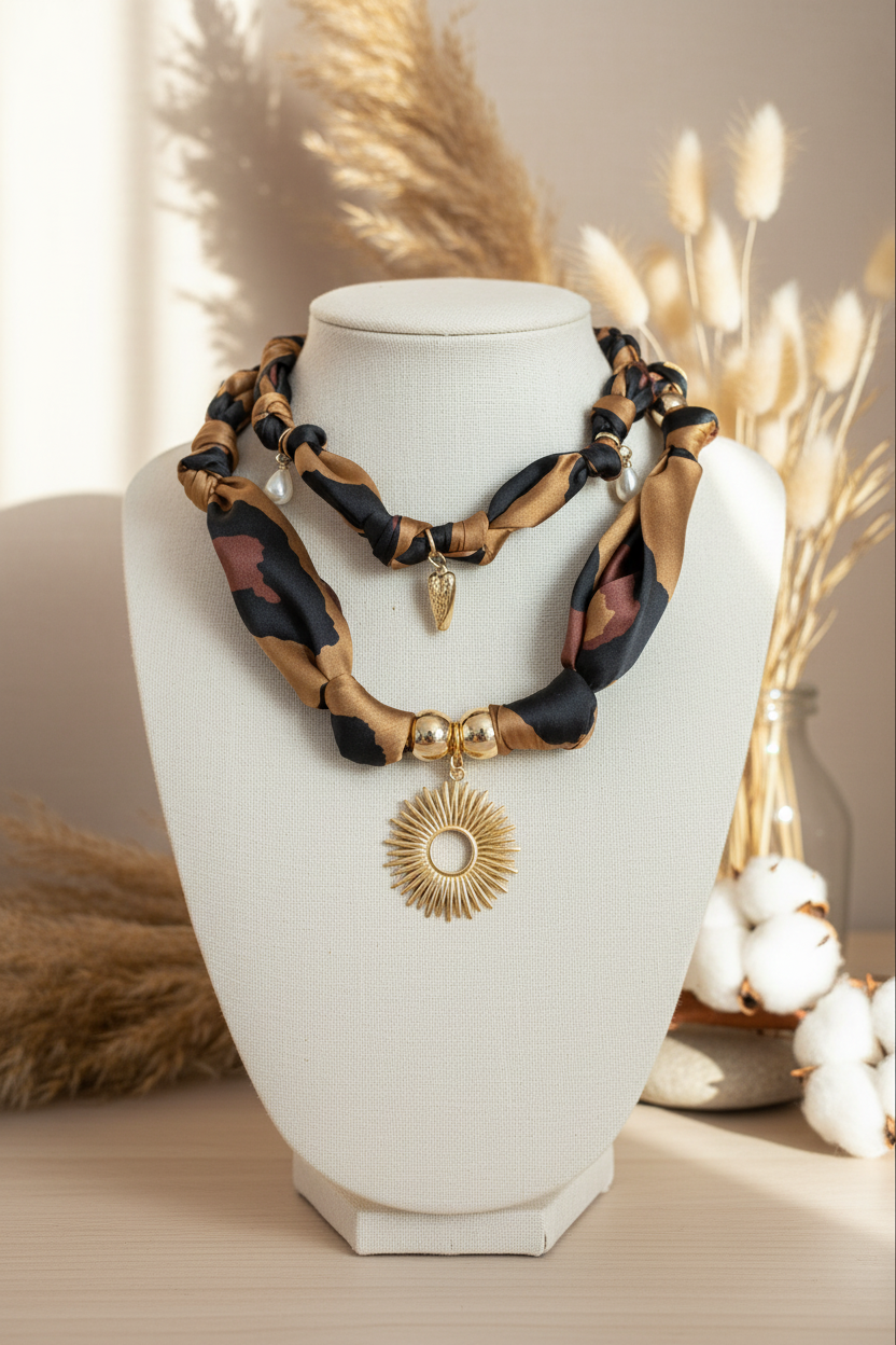 Collier double rang Joyas by Jo avec rubans satinés marron et noir, perles nacrées et médaillon soleil en métal doré sur buste d'exposition.