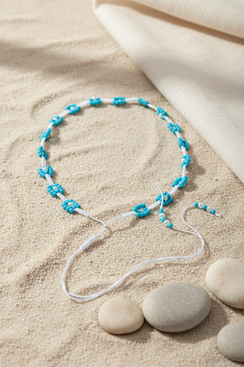 Collier ou bracelet de perles bleues en forme de fleurs sur du sable avec galets blancs