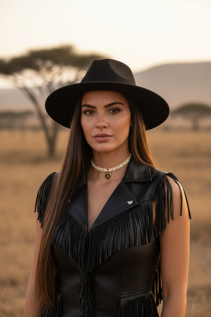 Femme portant le collier Joyas by Jo avec chapeau et veste à franges dans un paysage de savane.