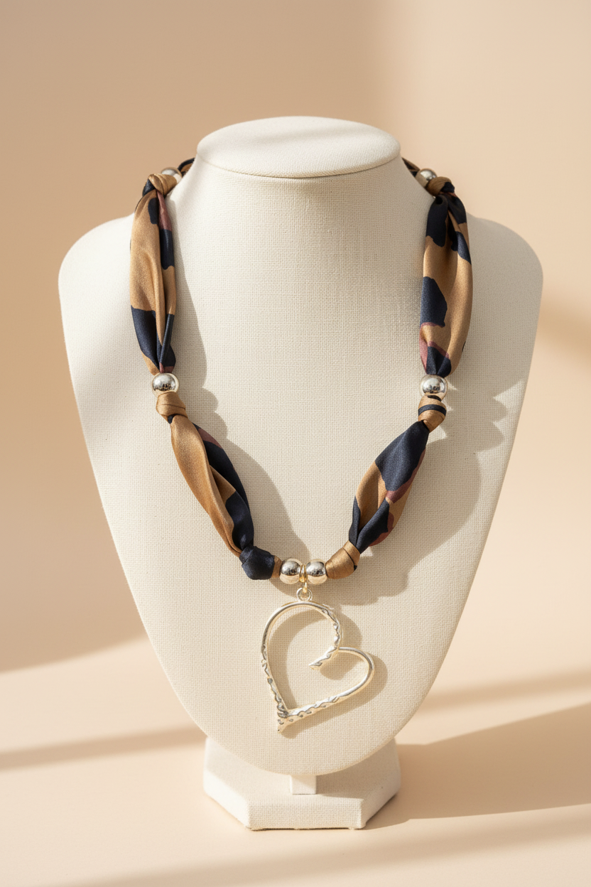 Collier Joyas by Jo en tissu leopard marron et noir avec grand pendentif coeur dore sur buste d exposition