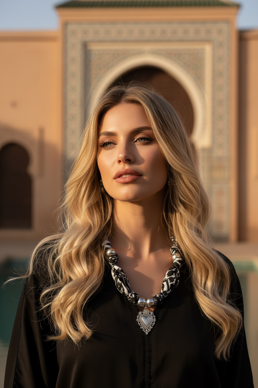 Mannequin en robe noire portant le collier en tissu Joyas by Jo devant un palais aux arches ciselées.