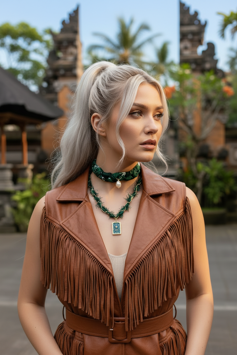 Femme aux cheveux blonds portant un gilet en cuir marron à franges et un collier Joyas by Jo avec pendentif bleu turquoise devant un temple balinais.