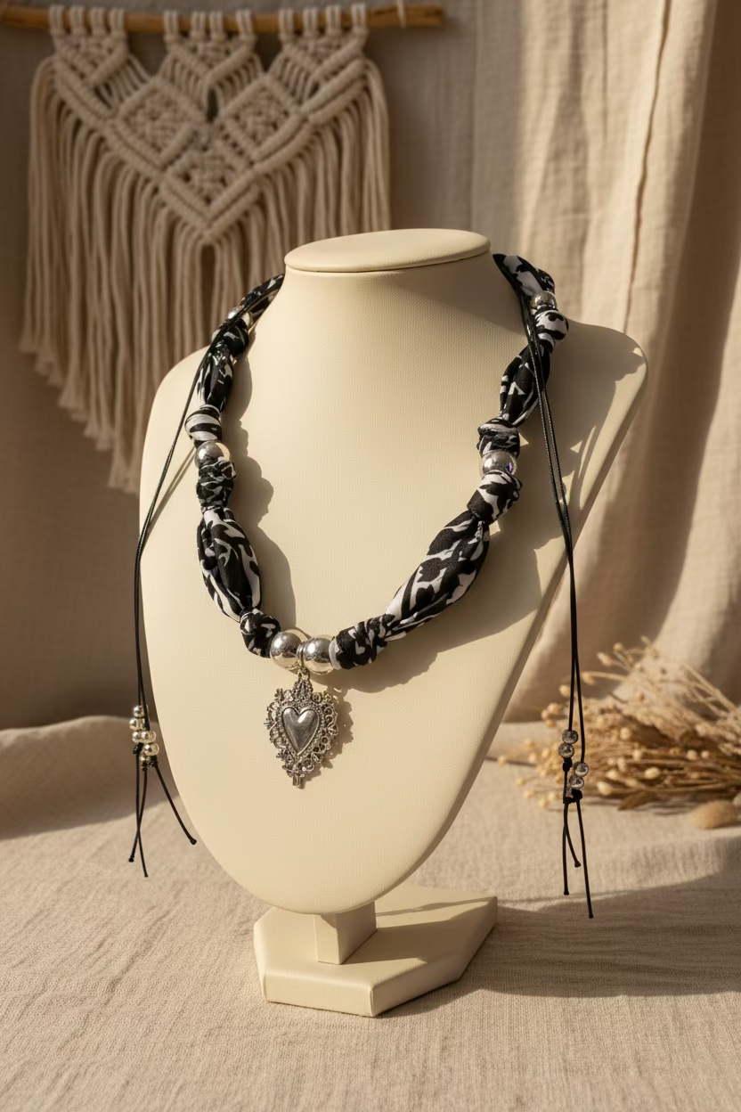 Collier avec pendentif cœur sacré exposé sur un buste de présentation blanc dans un décor bohème épuré.