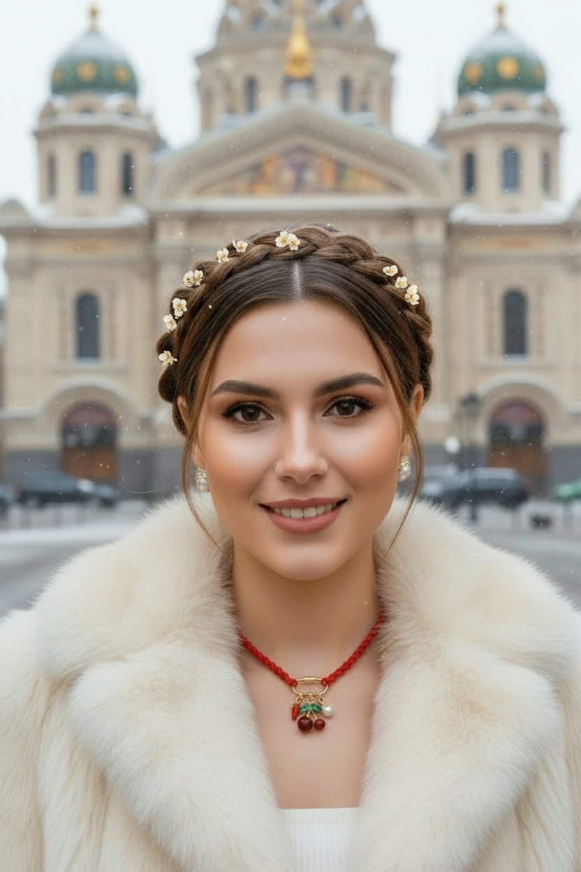 Femme portant le collier rouge à breloques cerises Joyas by Jo devant une cathédrale enneigée.