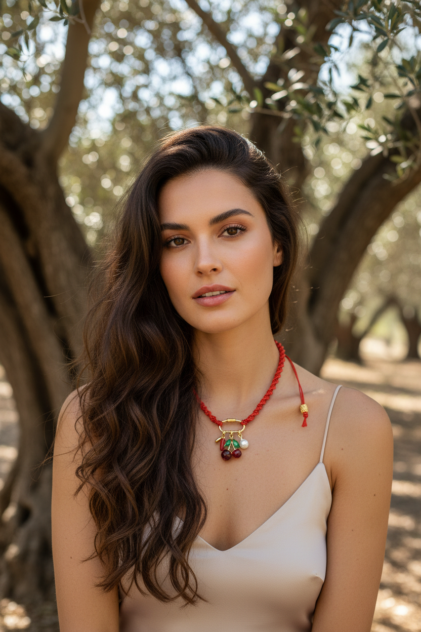 Femme portant un collier Joyas by Jo en corde rouge avec pendentifs cerises et perle, posant dans une oliveraie ensoleillée.