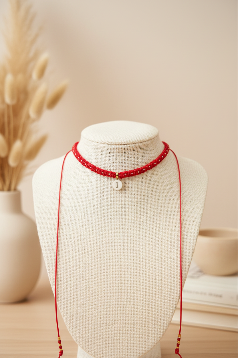 Collier choker en perles rouges Joyas by Jo avec pendentif lettre I en or, présenté sur un buste d'exposition beige.