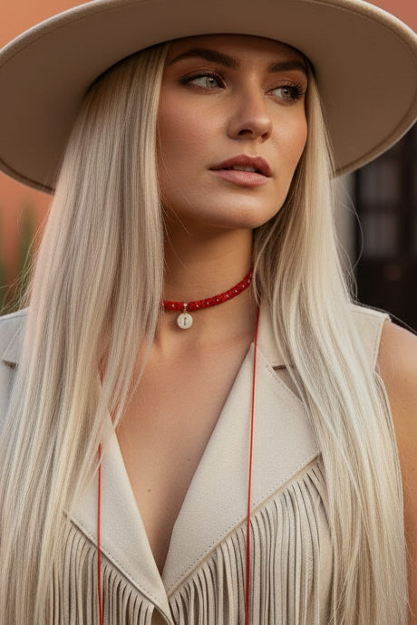 Collier choker rouge avec perle - bijou bohème luxe style western Joyas by Jo

