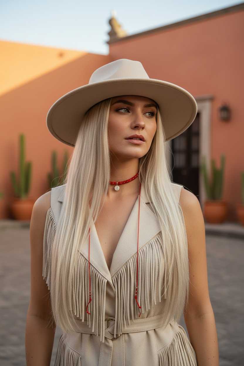 Femme portant un collier choker rouge Joyas by Jo avec pendentif initiale, tenue beige à franges et chapeau fedora en extérieur.