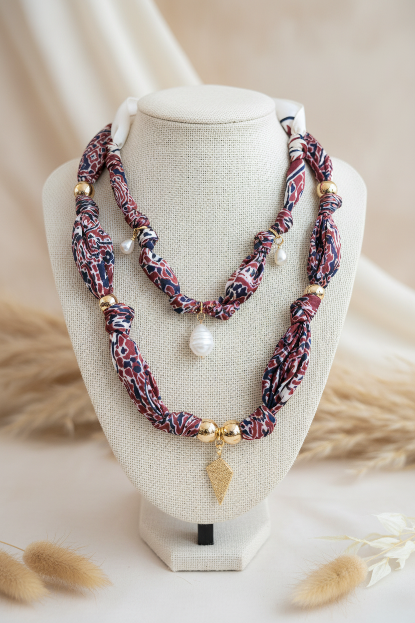 Présentation sur buste du collier en soie et perles Joyas by Jo, bijou artisanal haut de gamme.