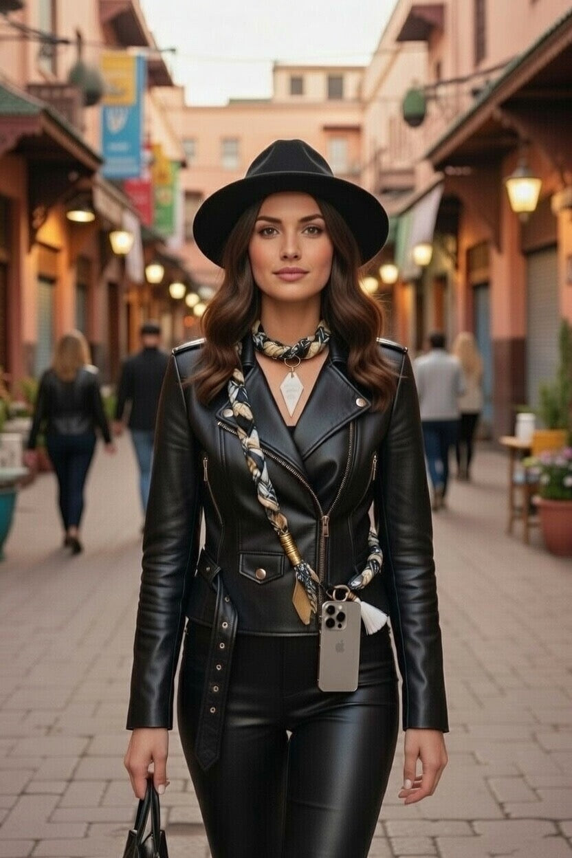 Femme portant un collier de téléphone Joyas by Jo en tissu tressé avec une veste en cuir noir dans une rue ensoleillée.