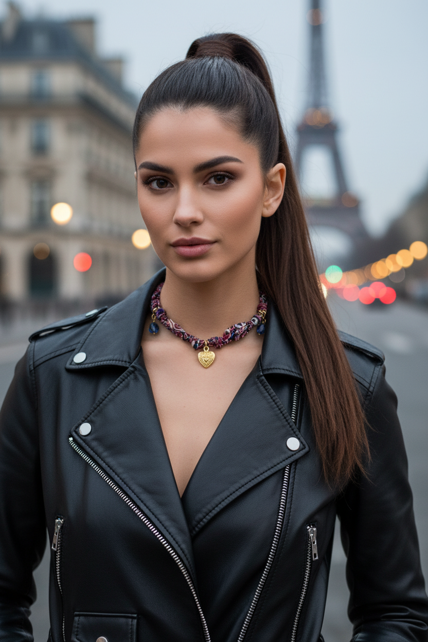 Femme portant le collier en tissu Joyas by Jo avec pendentif coeur doré devant la Tour Eiffel à Paris.