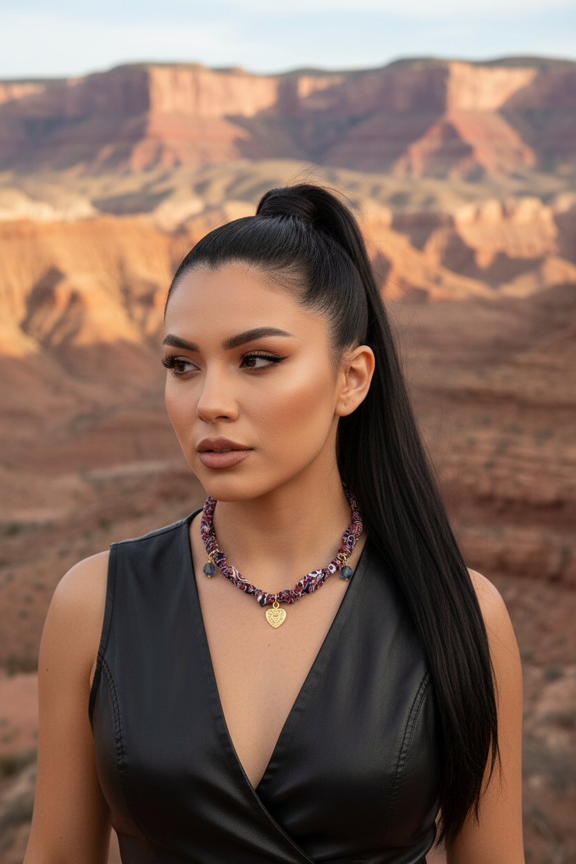 Mannequin avec le collier Joyas by Jo en tissu imprimé devant un paysage de canyon ensoleillé.