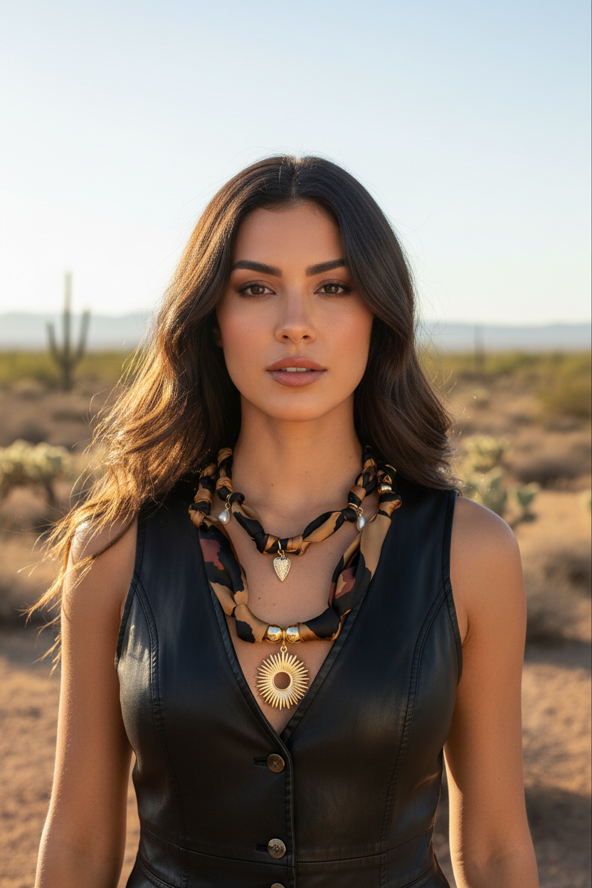 Gros plan d'un collier en tissu noué Joyas by Jo avec détails dorés porté par une femme en robe de cuir noir dans le désert.