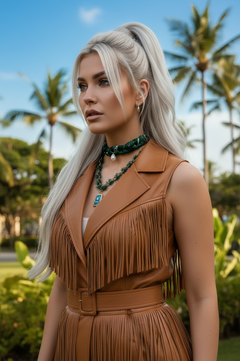 Portrait de profil d'une femme portant un tour de cou en tissu vert avec perle et un collier assorti Joyas by Jo, décor tropical avec palmiers.