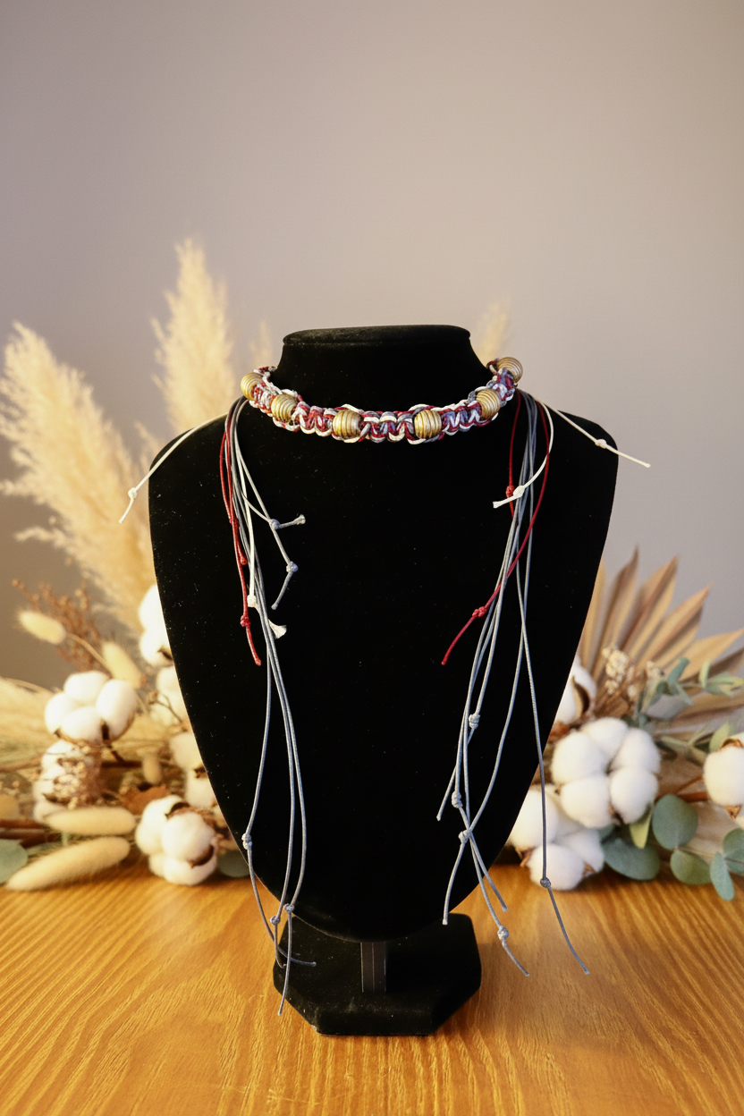 Collier ras-du-cou tressé avec perles dorées et longs cordons pendants exposé sur un buste de présentation noir.