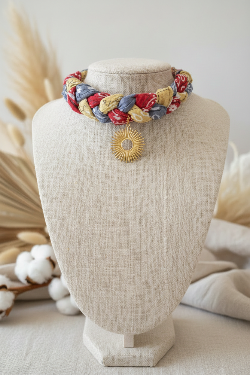 Gros plan du collier Joyas by Jo en tissu tressé rouge, bleu et jaune avec un pendentif soleil doré sur un buste d'exposition.