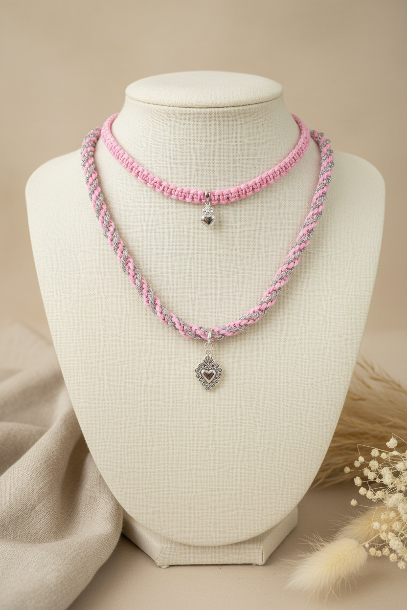 Zoom sur le duo de colliers tressés roses et argent Joyas by Jo avec breloques coeurs sur présentoir beige.