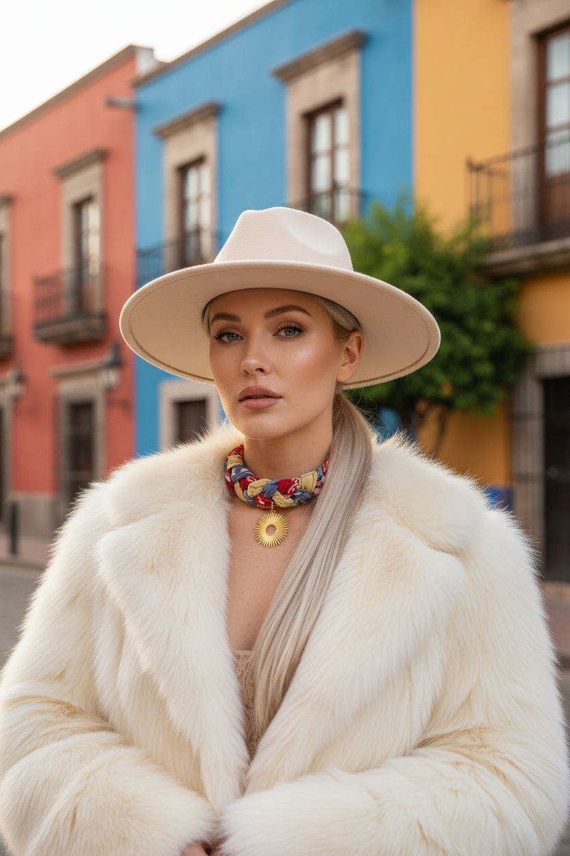 Femme élégante portant un chapeau beige, un manteau en fourrure blanche et le collier tressé Joyas by Jo devant des façades colorées.