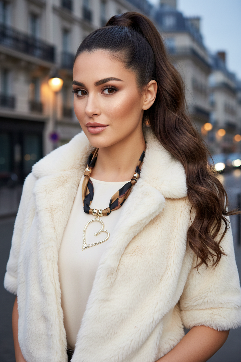 Femme portant le collier Joyas by Jo avec pendentif coeur et une veste en fausse fourrure blanche dans une rue de Paris