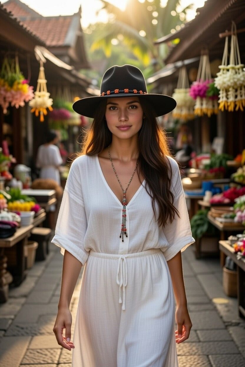 Femme marchant dans un marché artisanal, portant une robe longue blanche, un collier en perles et un chapeau noir orné d'un ruban perlé.