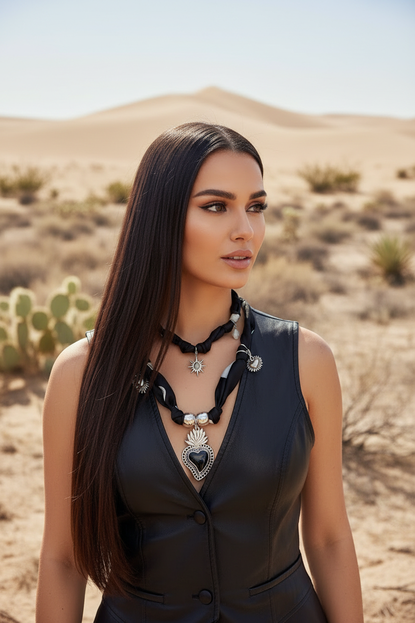 Mannequin en gilet de cuir noir portant une superposition de colliers ex-voto mexicains dans un paysage de désert et de cactus.