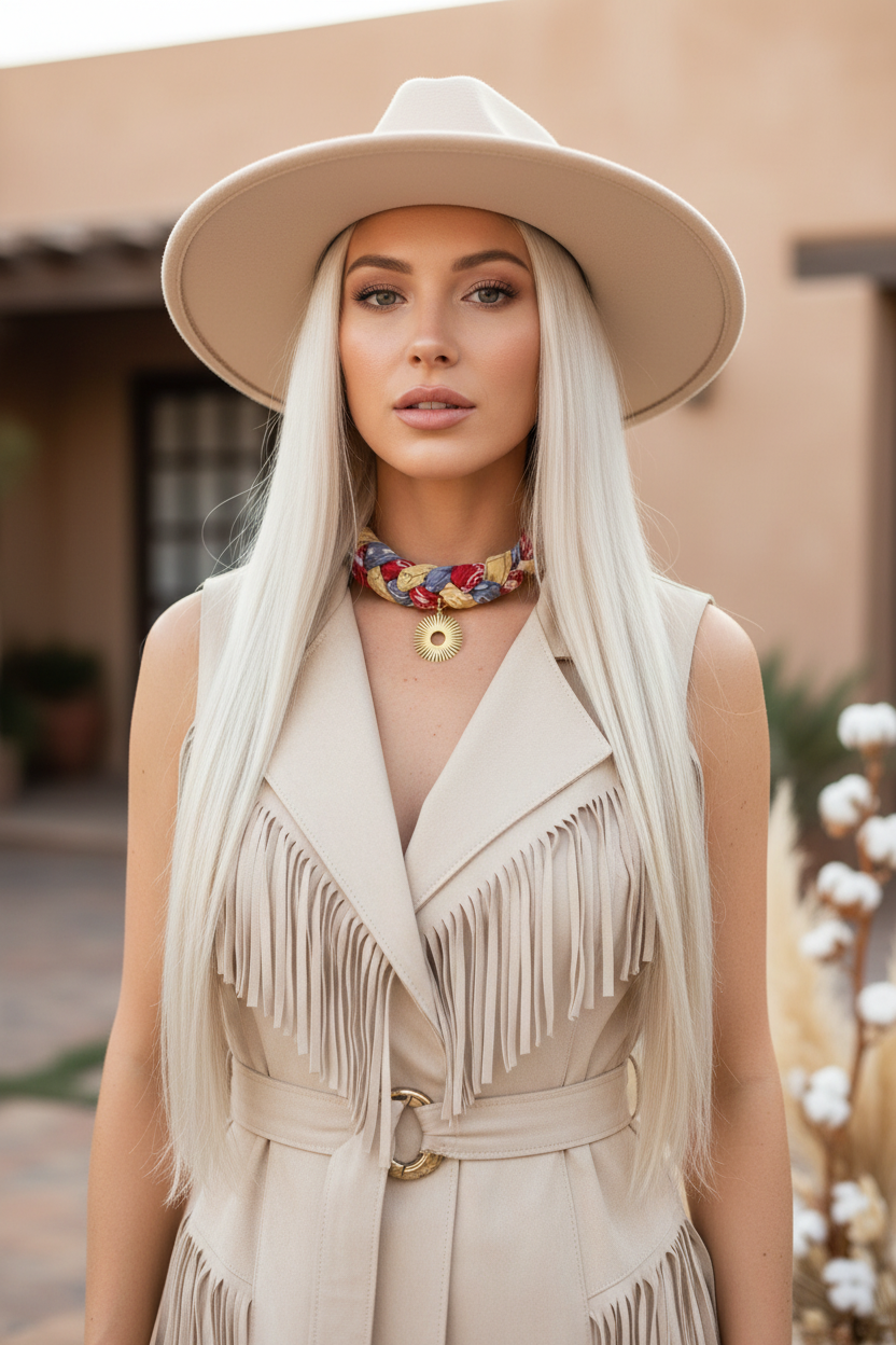 Portrait d'une femme en robe à franges beige et chapeau, mettant en valeur le collier tressé avec pendentif soleil Joyas by Jo.