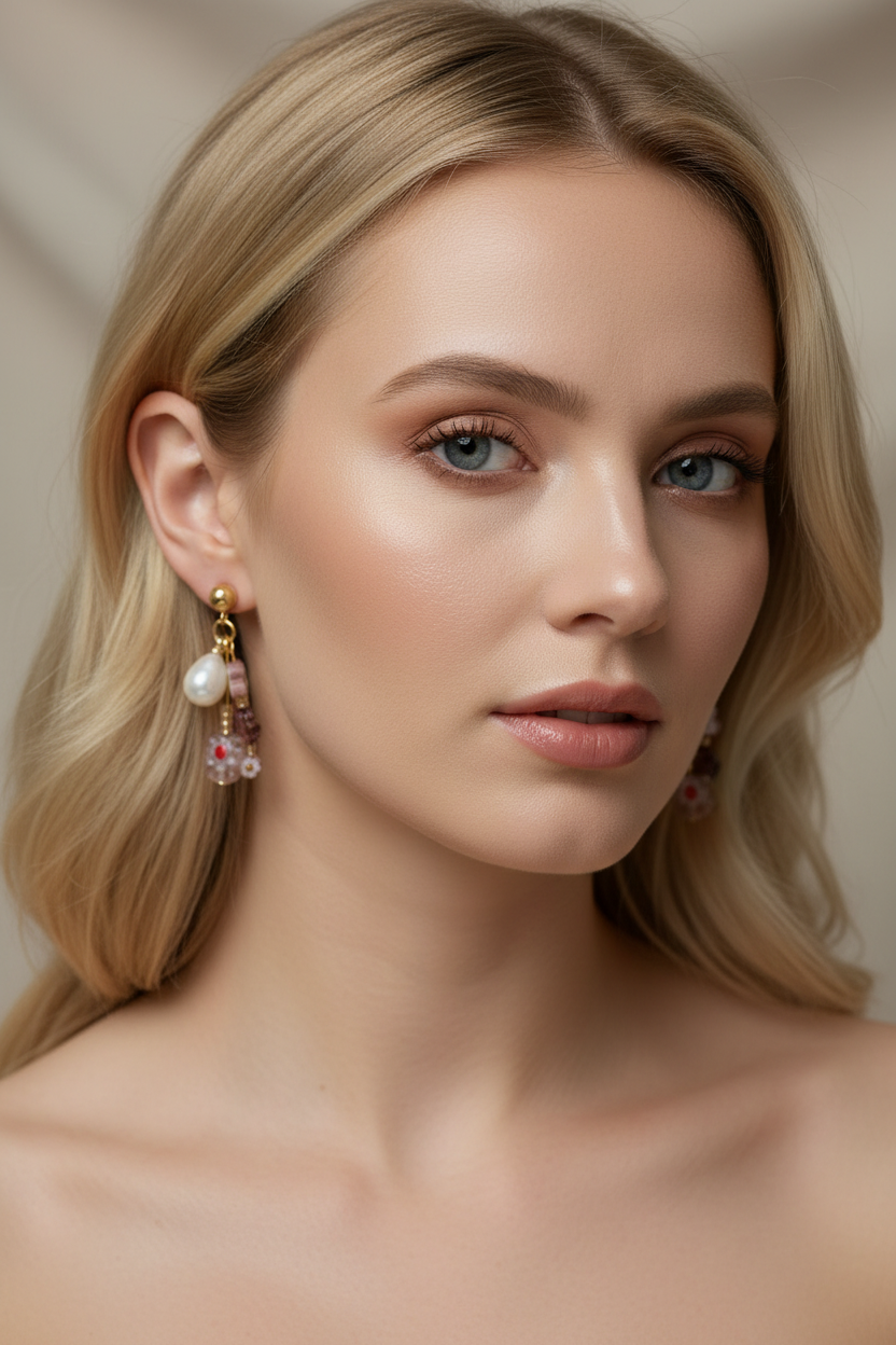 Portrait d'une femme portant les boucles d'oreilles artisanales Joyas by Jo. Le bijou associe une perle blanche nacrée et des détails floraux roses, complétant un maquillage naturel et lumineux.