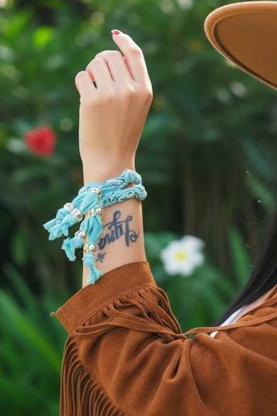 Une femme pose en extérieur avec un chapeau de paille et une robe blanche, mettant en avant ses bracelets Joyas by jo. Les bijoux colorés en textile bleu et rouge ressortent sur son bras devant un arrière-plan de végétation tropicale baigné de lumière.