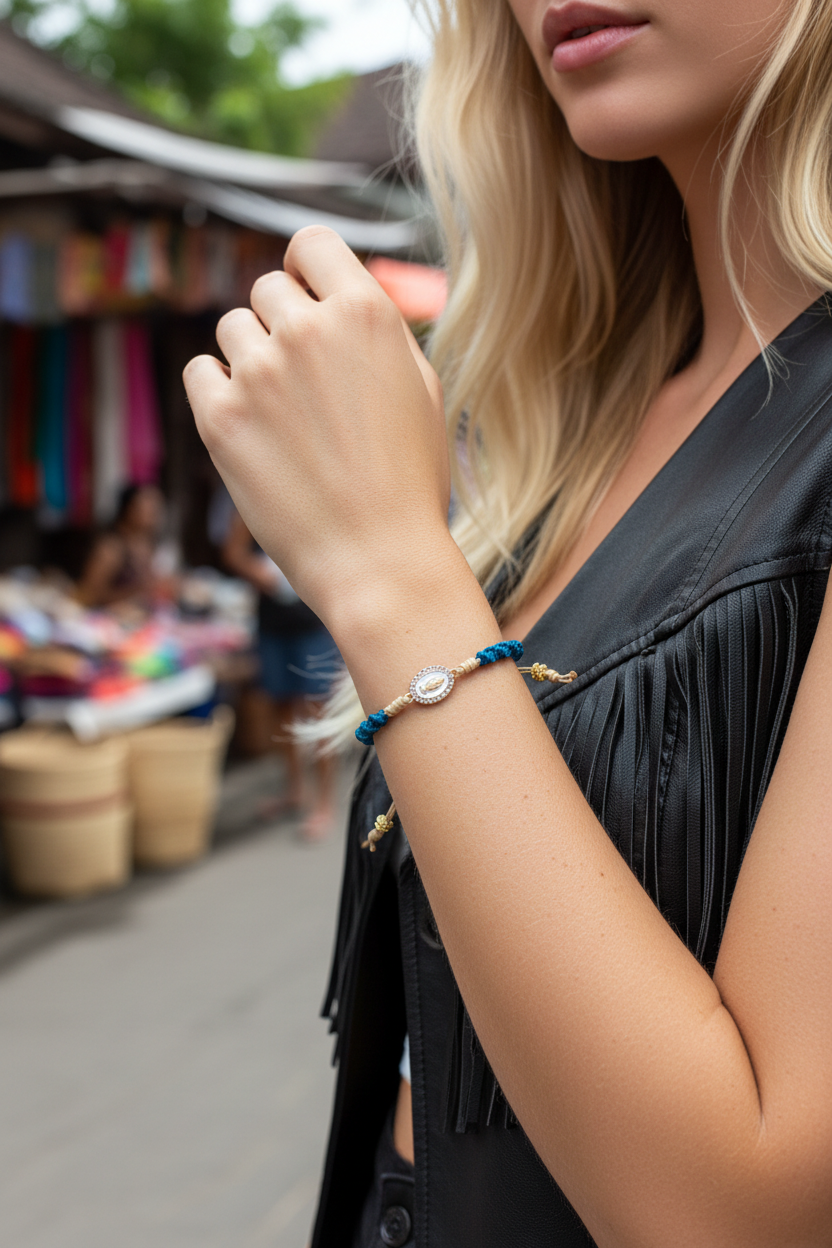 Gros plan d'une femme portant le bracelet en macramé bleu Joyas by Jo avec détail de médaille religieuse dorée, associé à une tenue bohème chic noire à franges.